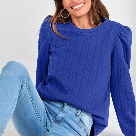 Women's Puff Sleeve Sweatshirts 2024 Fall Fashion Casual Crewneck Solid Twist Te - Picture 5 of 6